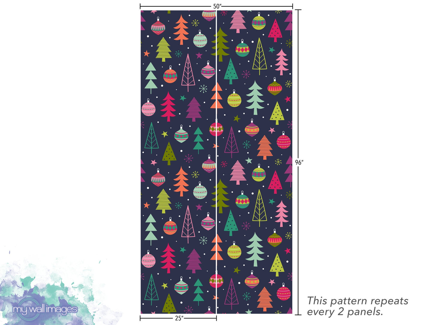 Colorful Christmas Trees, Folk Holiday, Removable Wallpaper, Wall Art, Peel and Stick Wallpaper, Christmas Mural, Accent Wall, MW1174