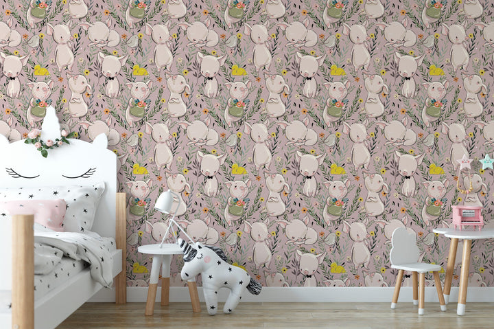 Pretty in Pink Piggies Removable Wallpaper, Wall Art, Peel and Stick Wallpaper, Mural, Girls Nursery, Room Decor Accent, Piglets, MW1798